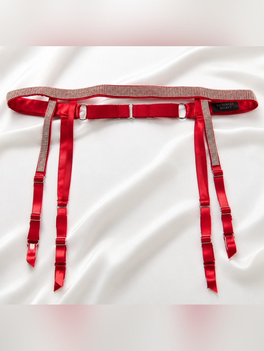 Victoria's Secret Red Satin and Rhinestone  Garter Panty Belt RED